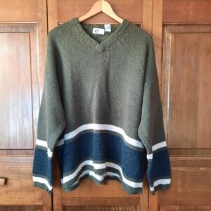 Vintage Y2K Arizona Jean Co Wool Blend Army Green Striped Knit V-neck Sweater XL